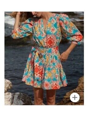 Laroque Original Cleo Belted Tunic Mini Cotton Sundress Del Sol Print Small $126